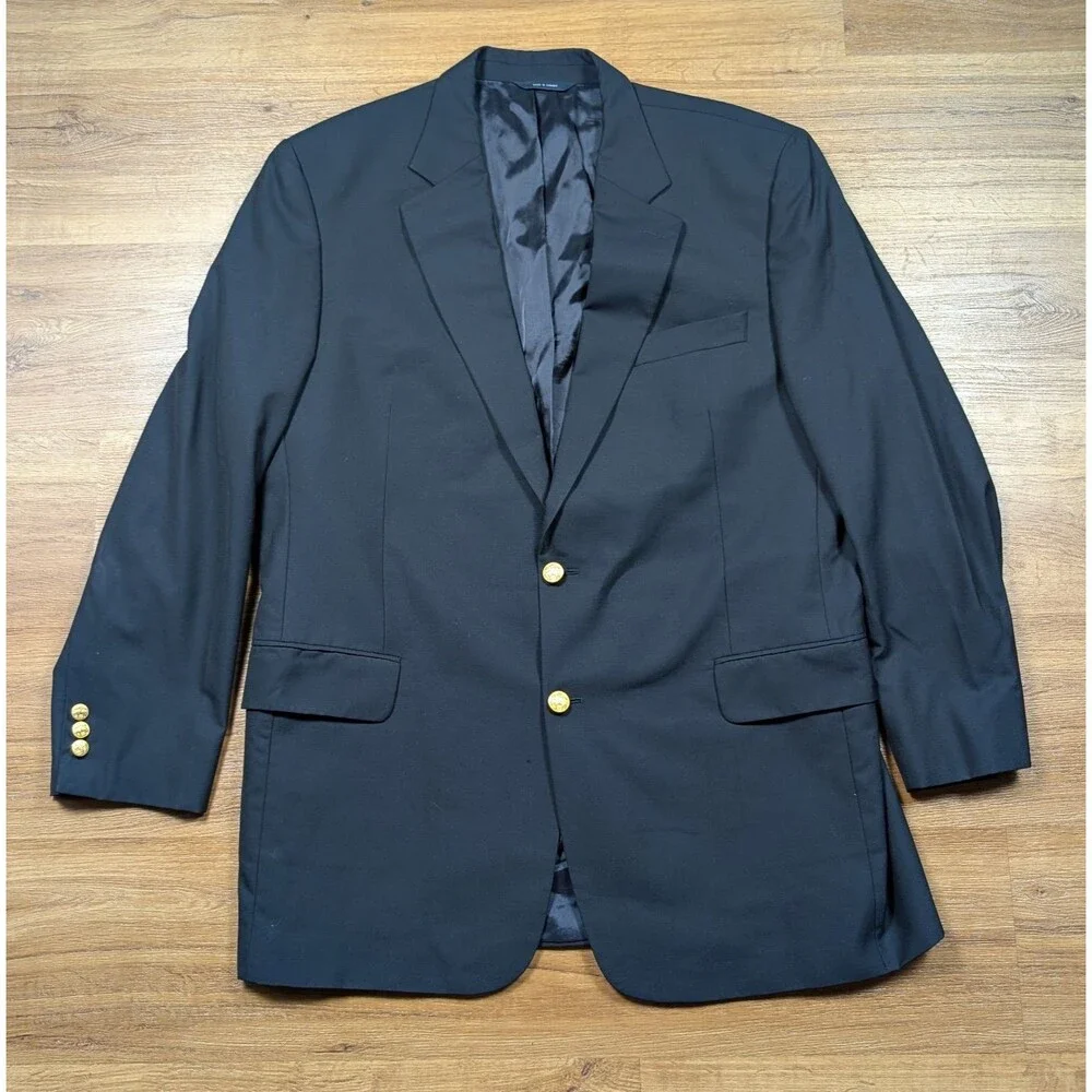 Brooks Brothers Brooksease Loro Piana Wool Blazer Size 45 L Navy Gold Buttons